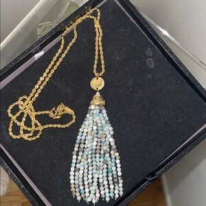 Kenneth Jay Lane Green/Aqua Mixed Stone Tassel Necklace